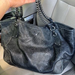 Gorgeous metallic black leather HUGE Prada bag with silver handles